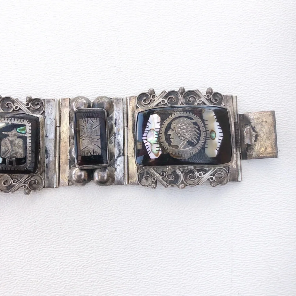 Vintage Mexico Sterling Inlay Panel Bracelet